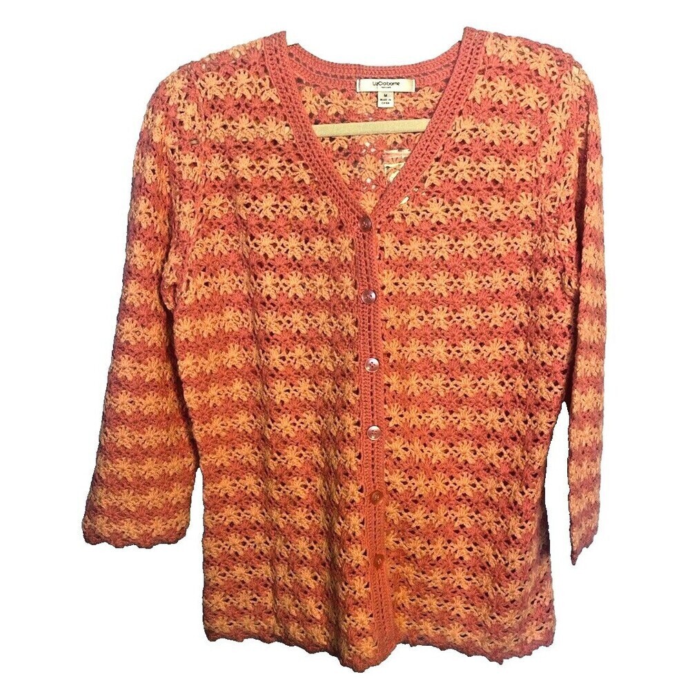 Liz Claiborne Sweater Women's Size M Open Crochet Button Down 3/4 Sleeve NEW